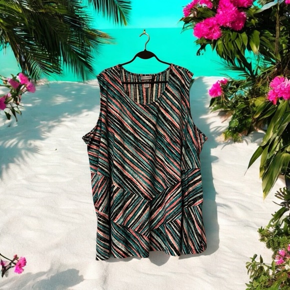 Catherines Teal/Pink/Black Striped Sleeveless Top - Picture 1 of 10